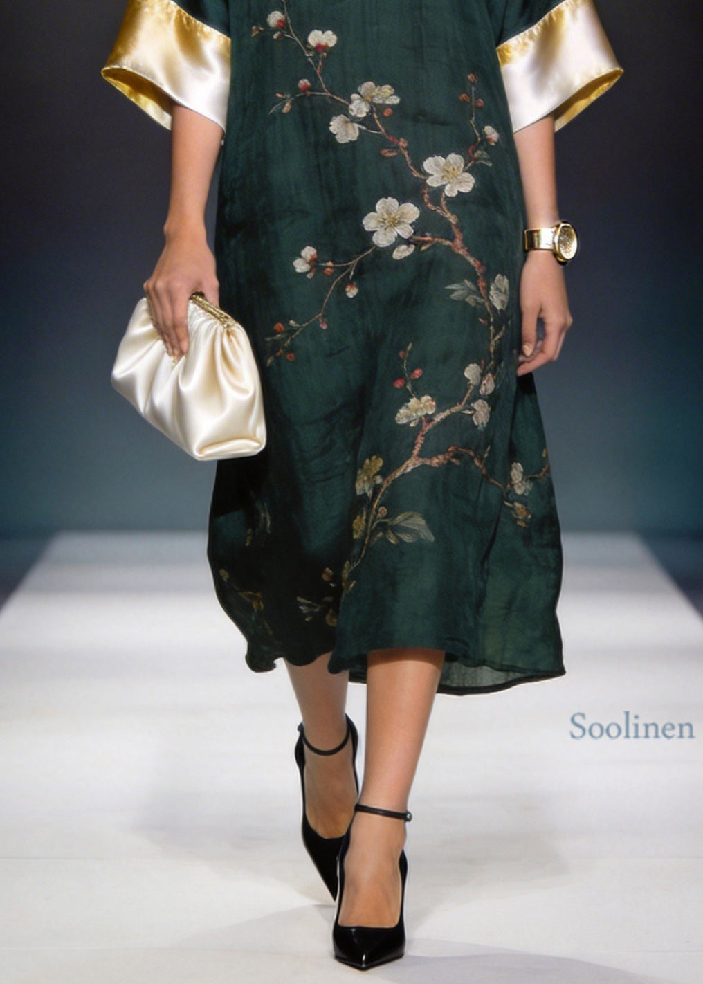 Women Blackish Green V Neck Print Patchwork Linen Silk Dress Summer