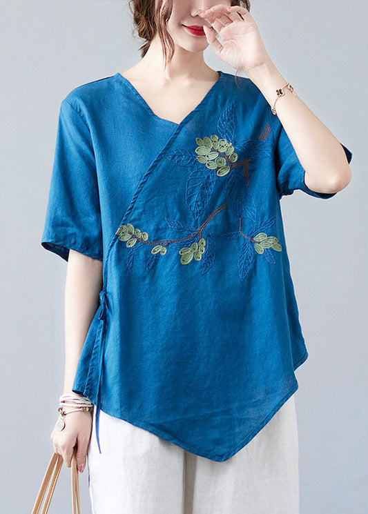 Frauen Blau Asymmetrische Shirt Tops Halbe Hülse