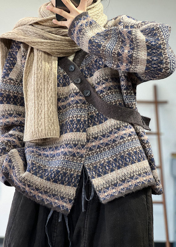 Frauen Blau Asymmetrische Übergroßen Druck Wolle Stricken Strickjacke