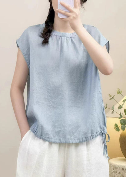 Women Blue Button Lace Up Solid Linen Shirts Summer