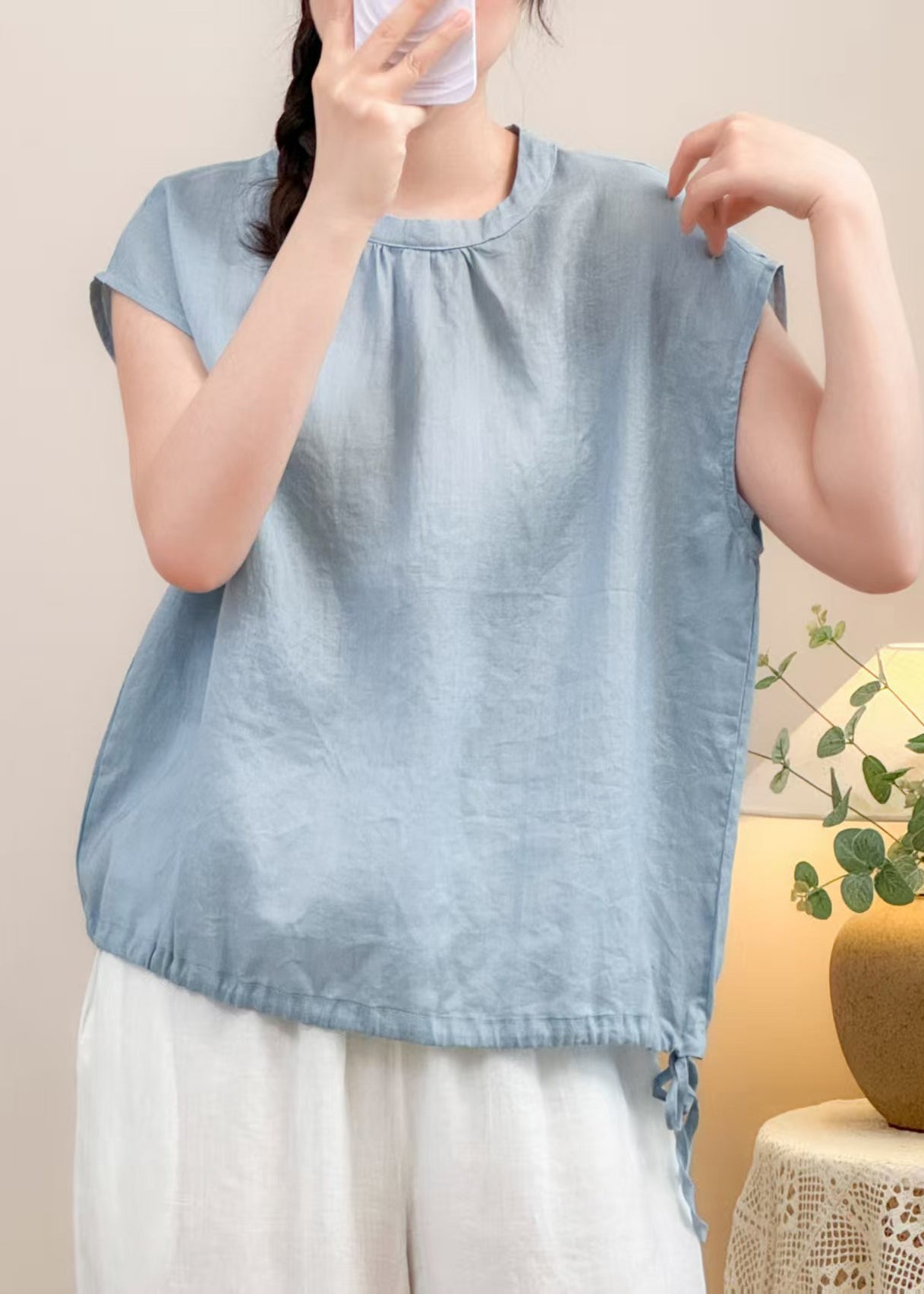 Women Blue Button Lace Up Solid Linen Shirts Summer