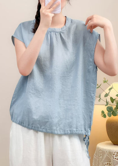 Women Blue Button Lace Up Solid Linen Shirts Summer