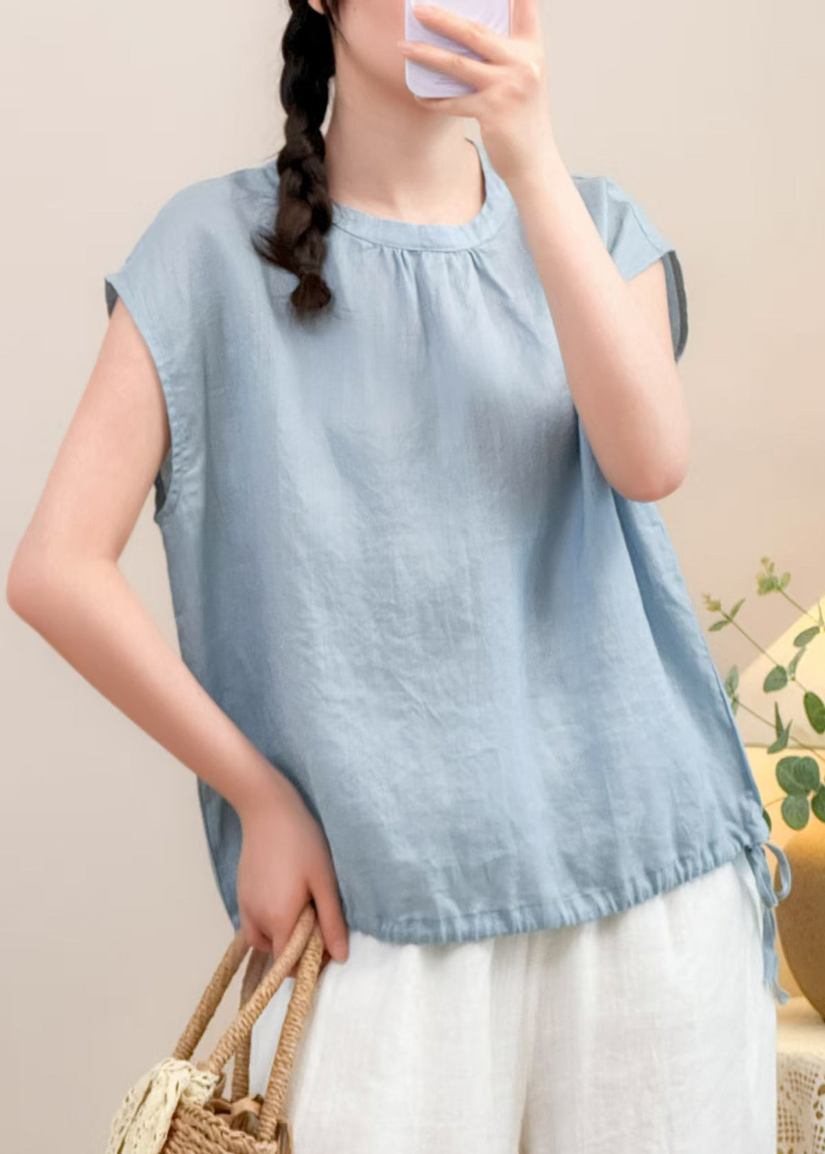 Women Blue Button Lace Up Solid Linen Shirts Summer