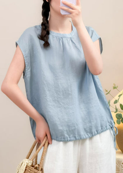 Women Blue Button Lace Up Solid Linen Shirts Summer