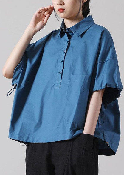 Women Blue Cinched Cotton Short Sleeve Shirts - SooLinen