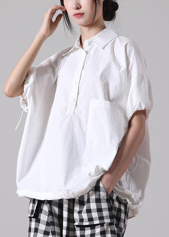 Women Blue Cinched Cotton Short Sleeve Shirts - SooLinen