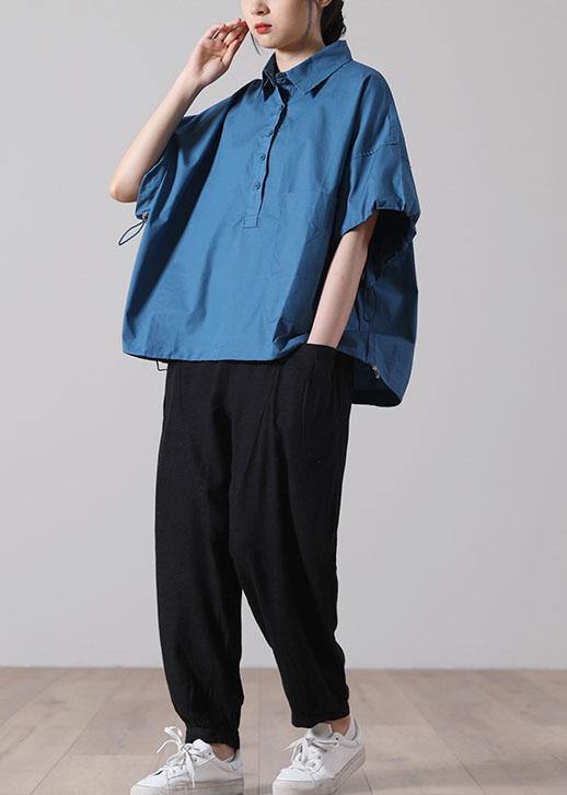 Women Blue Cinched Cotton Short Sleeve Shirts - SooLinen