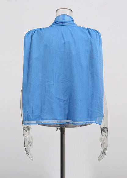 Women Blue Cinched Lace Up Chiffon Top Sleeveless
