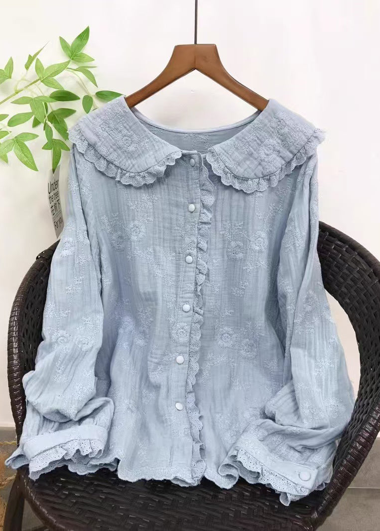 Women Blue Embroidered Cotton Shirt Top Fall