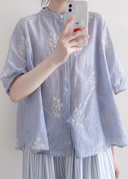 Women Blue Embroidered Striped Cotton Top Half Sleeve