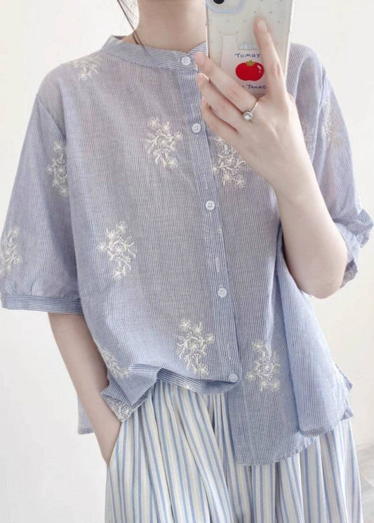 Women Blue Embroidered Striped Cotton Top Half Sleeve