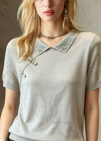 Women Blue Grey Peter Pan Collar Zircon Nail Bead Knit T Shirt Summer