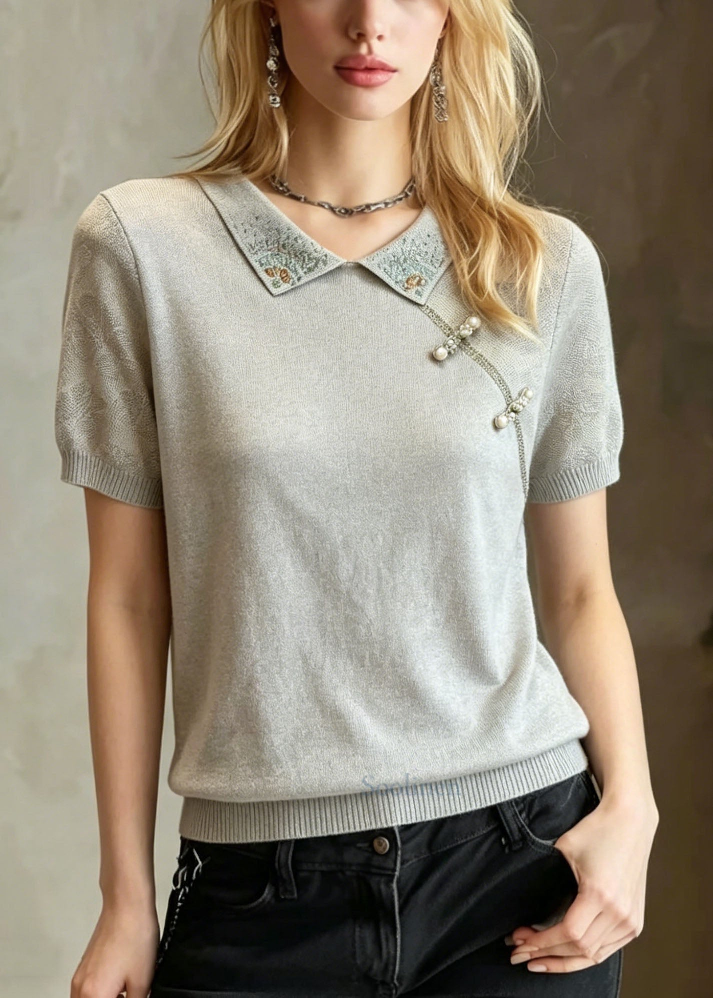 Women Blue Grey Peter Pan Collar Zircon Nail Bead Knit T Shirt Summer