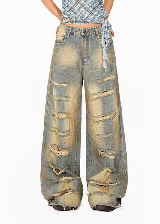 Women Blue High Waist Pockets Patchwork Wide Leg Jeans