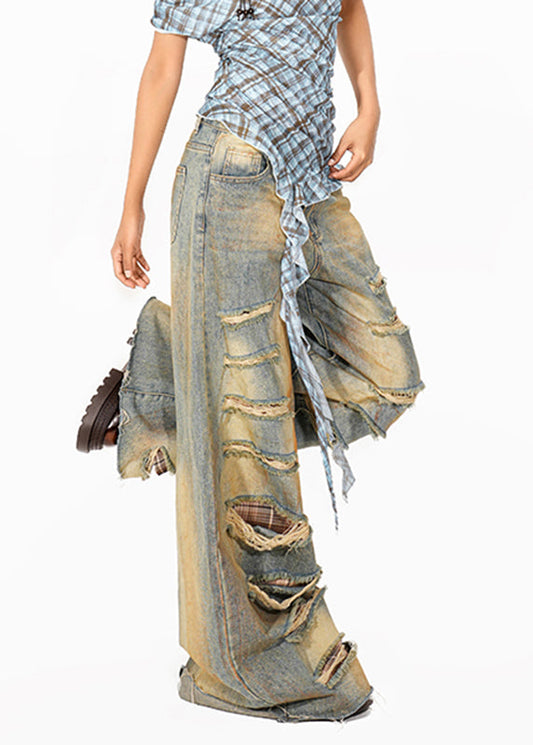 Women Blue High Waist Pockets Patchwork Wide Leg Jeans