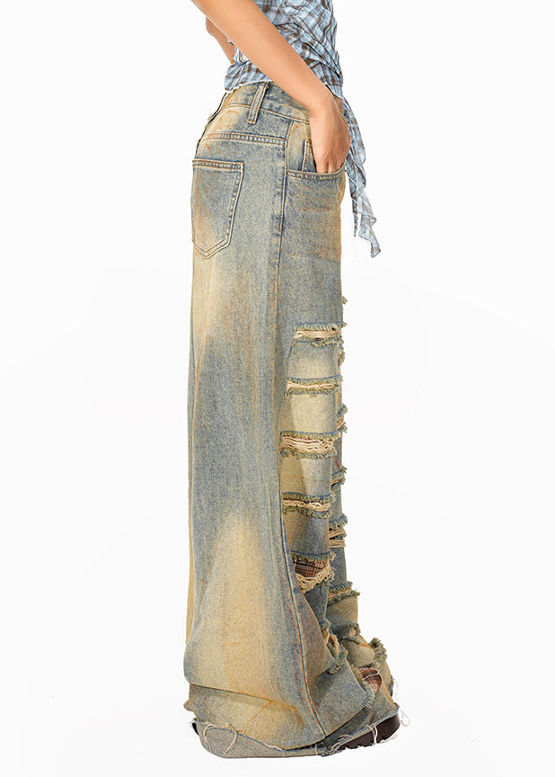 Women Blue High Waist Pockets Patchwork Wide Leg Jeans