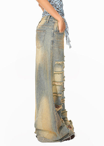 Women Blue High Waist Pockets Patchwork Wide Leg Jeans