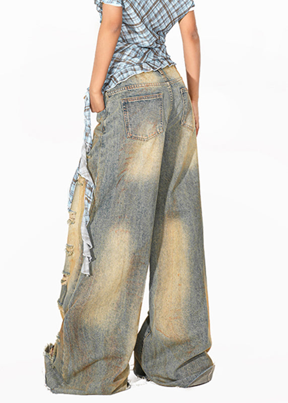 Women Blue High Waist Pockets Patchwork Wide Leg Jeans