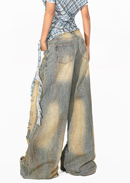 Women Blue High Waist Pockets Patchwork Wide Leg Jeans