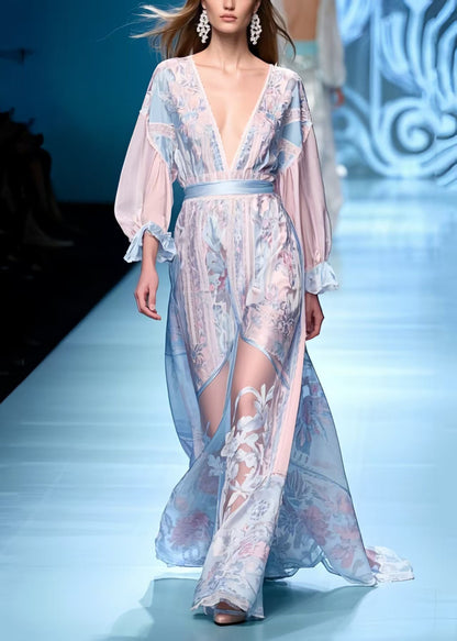 Women Blue Jacquard Patchwork Chiffon Long Dresses Summer