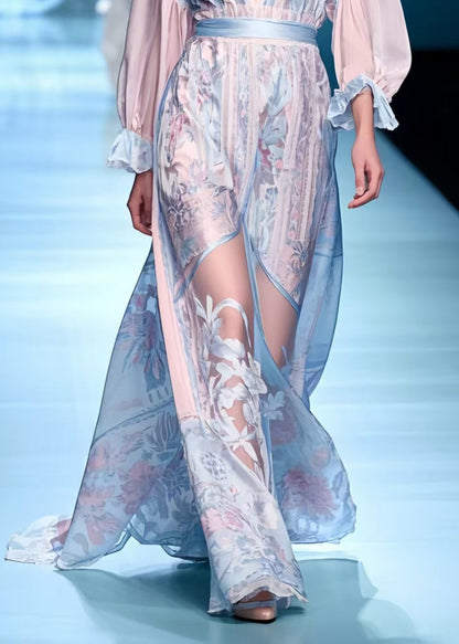 Women Blue Jacquard Patchwork Chiffon Long Dresses Summer