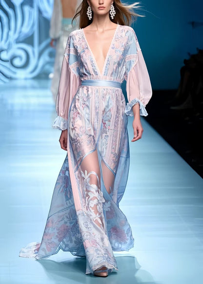 Women Blue Jacquard Patchwork Chiffon Long Dresses Summer