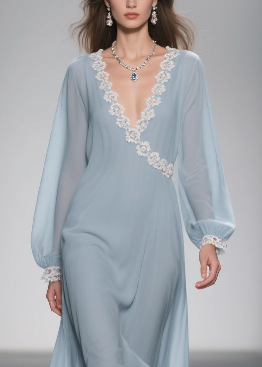 Women Blue Lace Solid Chiffon Long Dress Spring