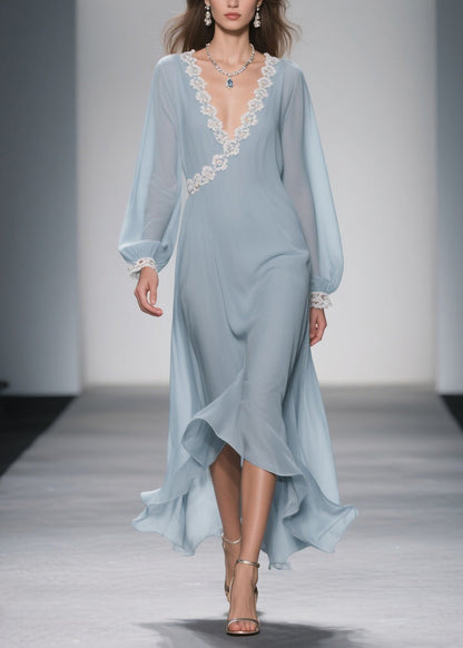 Women Blue Lace Solid Chiffon Long Dress Spring