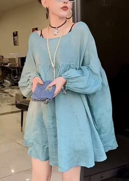 Women Blue O-Neck Lace Up Oversized  Shirt Tops Summer