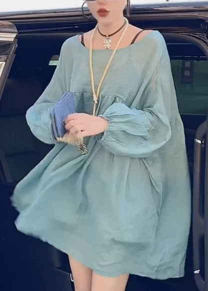 Women Blue O-Neck Lace Up Oversized  Shirt Tops Summer