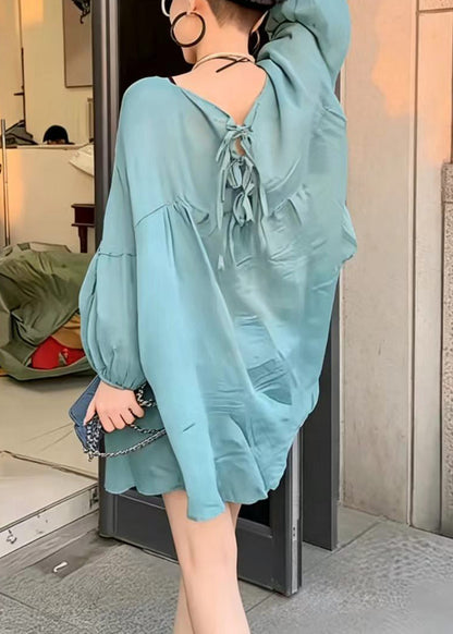 Women Blue O-Neck Lace Up Oversized  Shirt Tops Summer