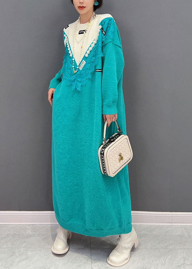 Frauen Blau O-Ausschnitt Übergroße Spitze Patchwork Stricken Lange