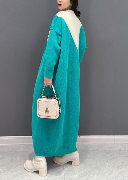 Frauen Blau O-Ausschnitt Übergroße Spitze Patchwork Stricken Lange