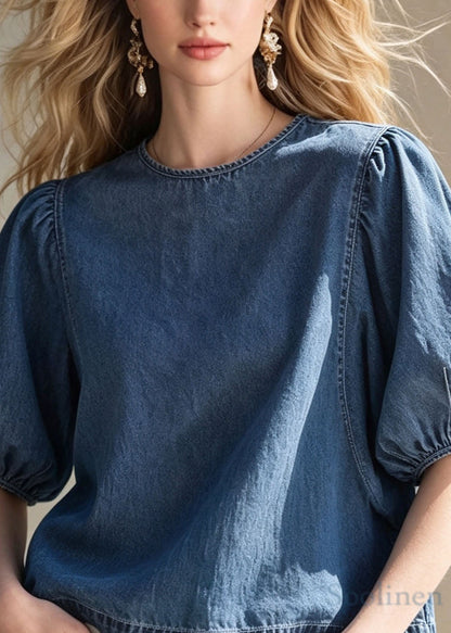 Women Blue O Neck Patchwork Puff Sleeve Denim Top