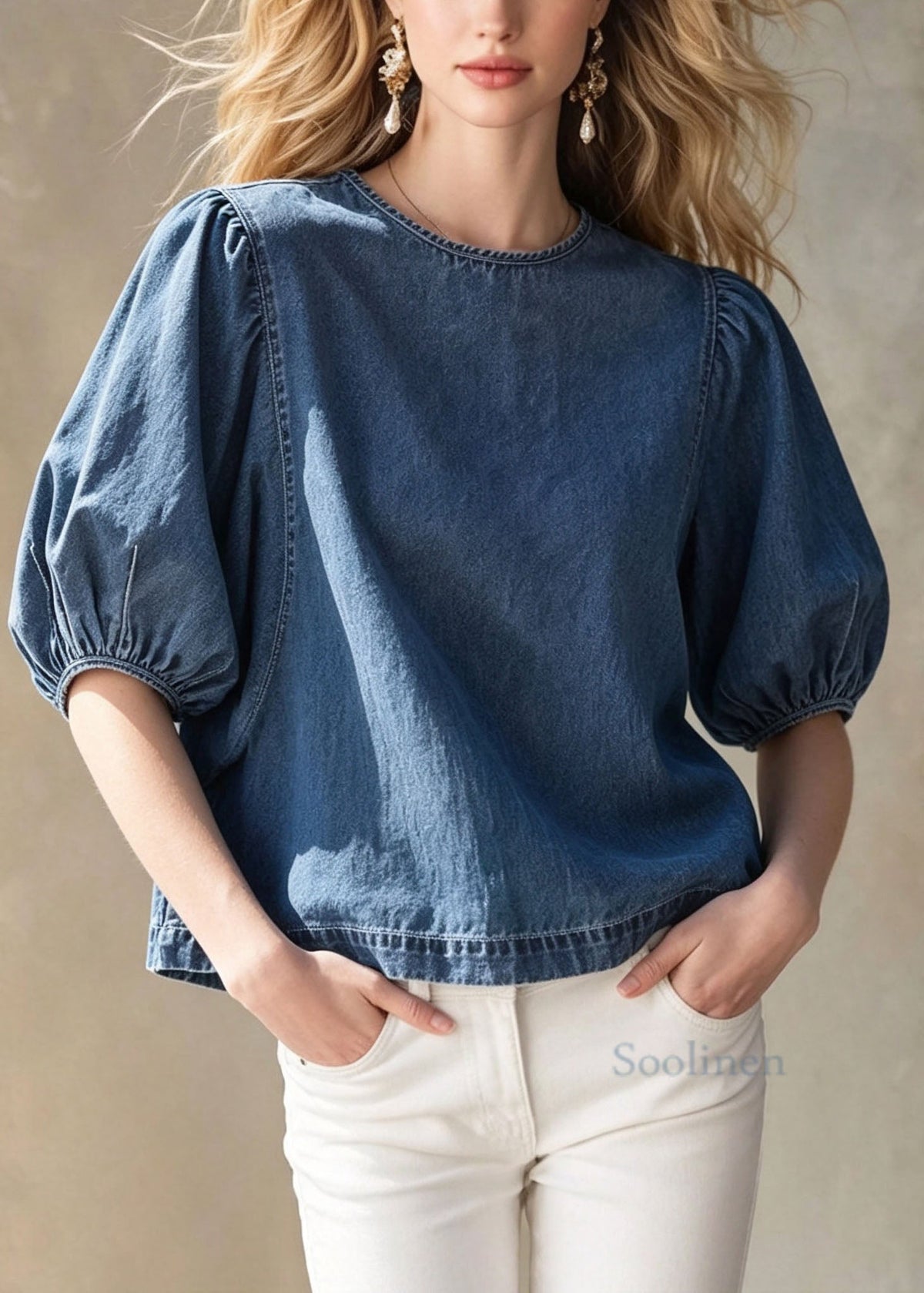 Women Blue O Neck Patchwork Puff Sleeve Denim Top