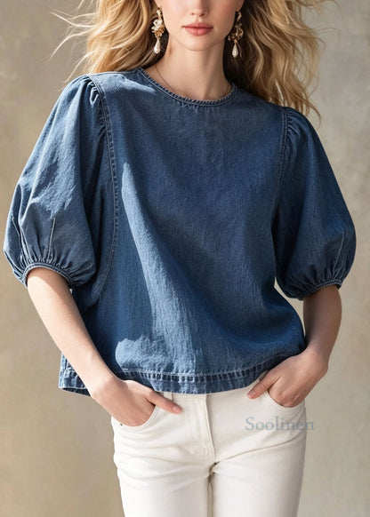 Women Blue O Neck Patchwork Puff Sleeve Denim Top