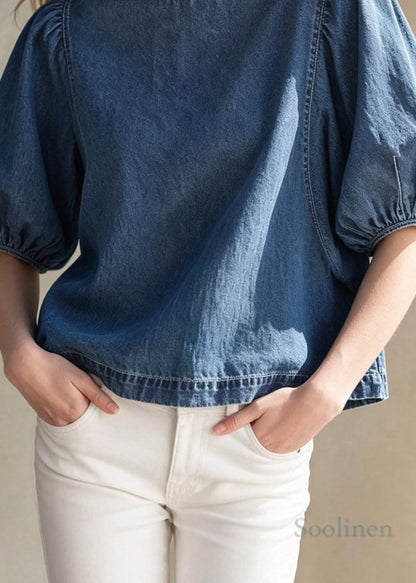 Women Blue O Neck Patchwork Puff Sleeve Denim Top