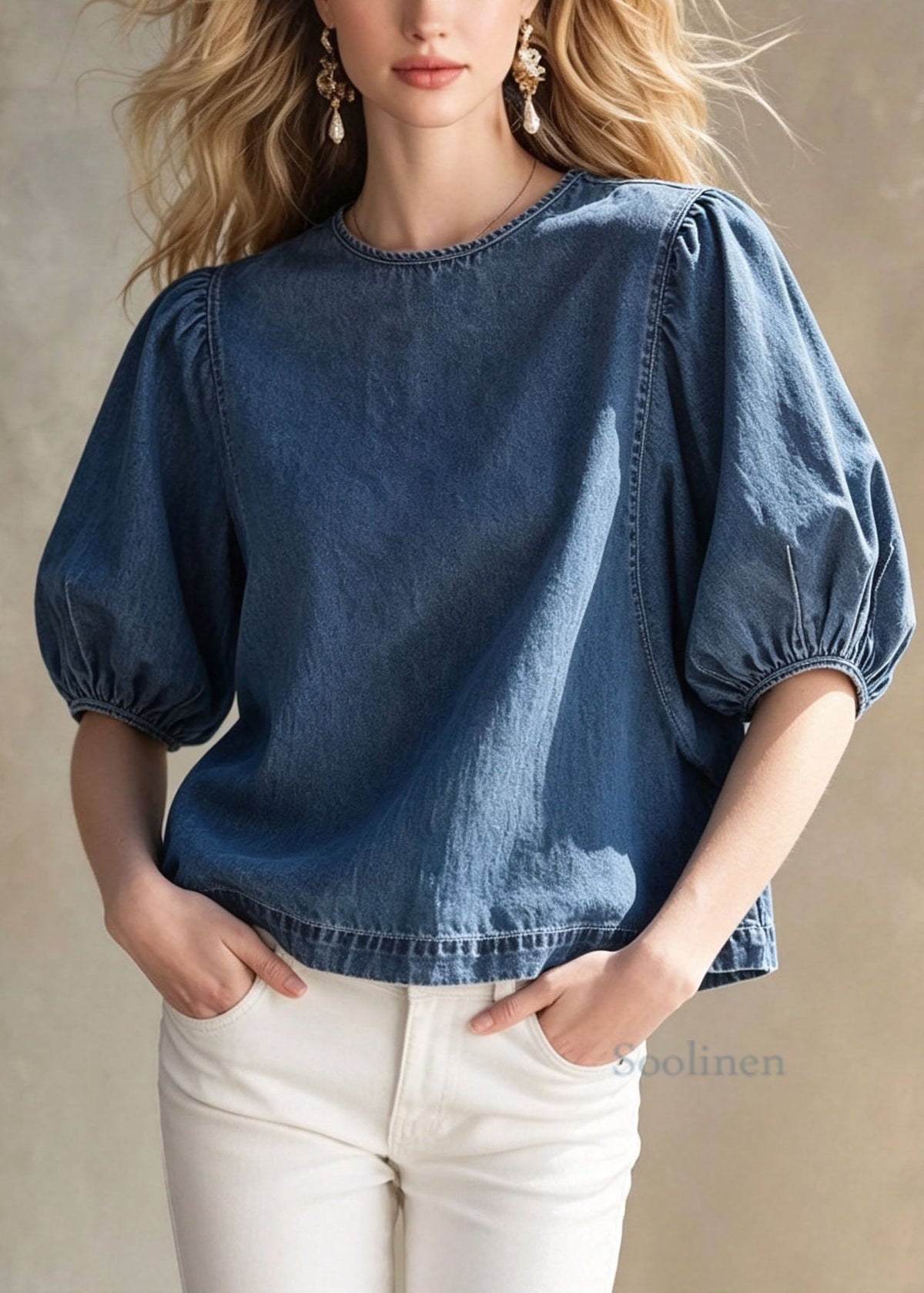 Women Blue O Neck Patchwork Puff Sleeve Denim Top