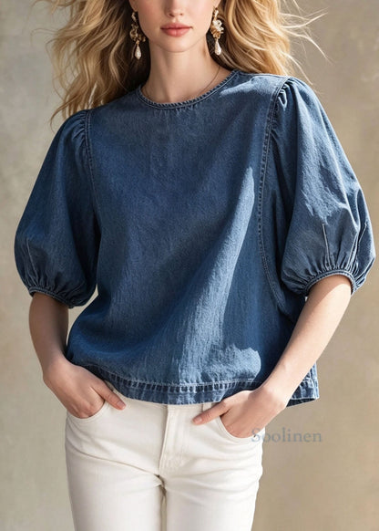 Women Blue O Neck Patchwork Puff Sleeve Denim Top
