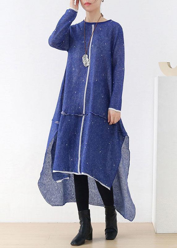 Women Blue O-Neck Pockets Fall Knit Dress - SooLinen