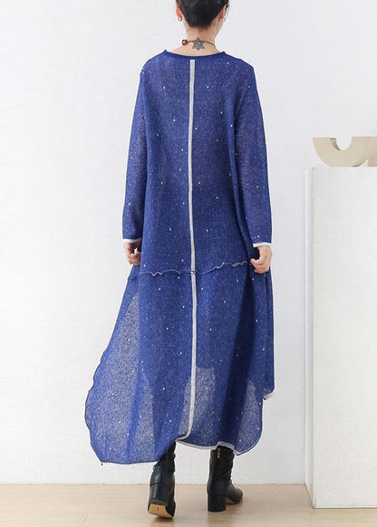 Women Blue O-Neck Pockets Fall Knit Dress - SooLinen