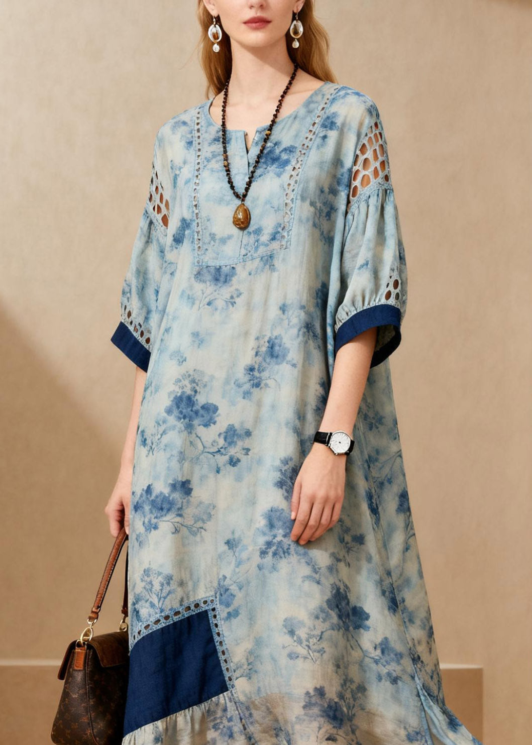 Women Blue O-Neck Side Open Ankle Dress Lanter Sleeve