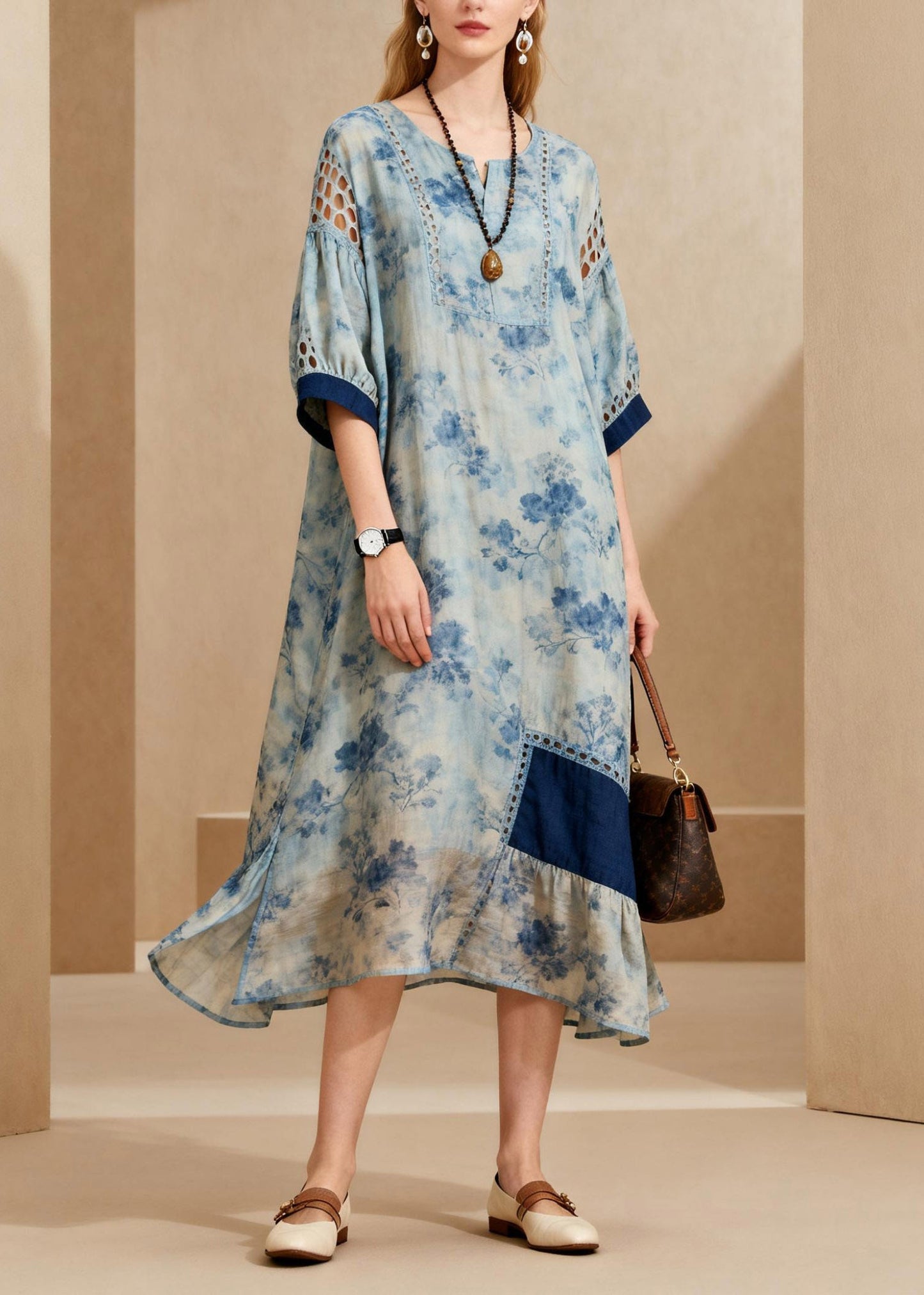 Women Blue O-Neck Side Open Ankle Dress Lanter Sleeve