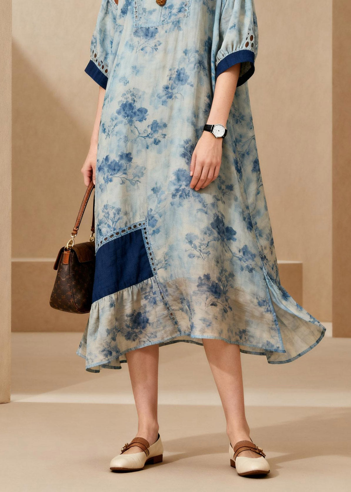 Women Blue O-Neck Side Open Ankle Dress Lanter Sleeve