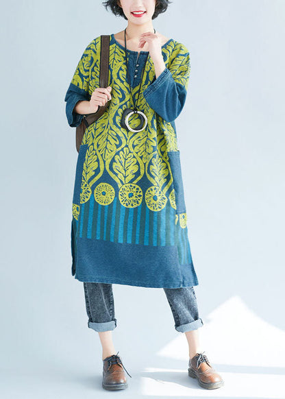 Frauen Blau O-Ausschnitt Seite offen Print Sweatshirts Kleider Frühling