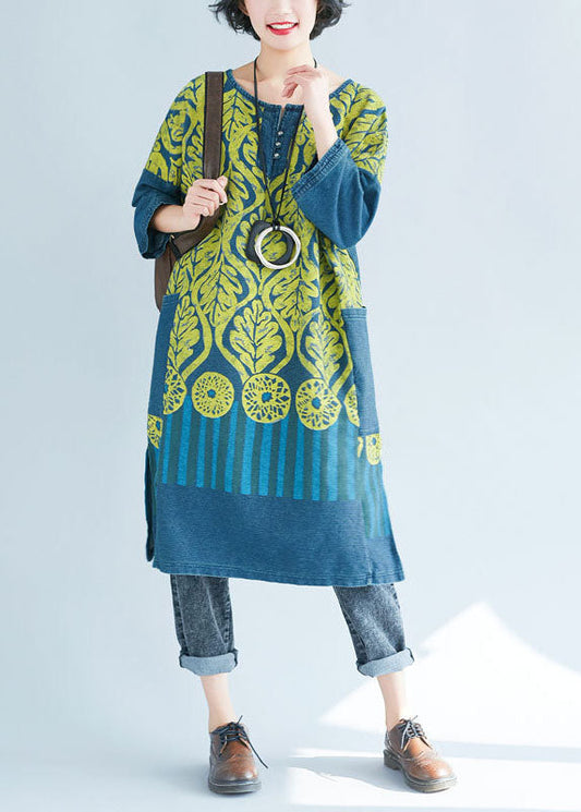 Frauen Blau O-Ausschnitt Seite offen Print Sweatshirts Kleider Frühling