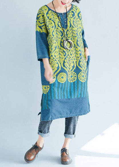 Frauen Blau O-Ausschnitt Seite offen Print Sweatshirts Kleider Frühling