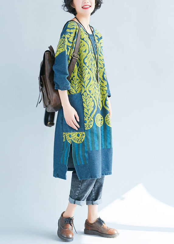 Frauen Blau O-Ausschnitt Seite offen Print Sweatshirts Kleider Frühling