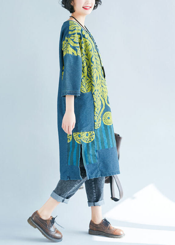 Frauen Blau O-Ausschnitt Seite offen Print Sweatshirts Kleider Frühling