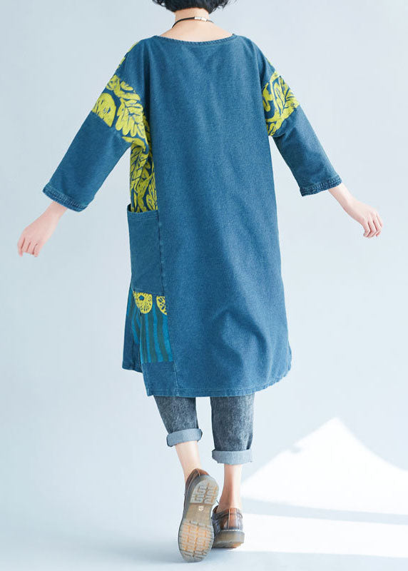 Frauen Blau O-Ausschnitt Seite offen Print Sweatshirts Kleider Frühling